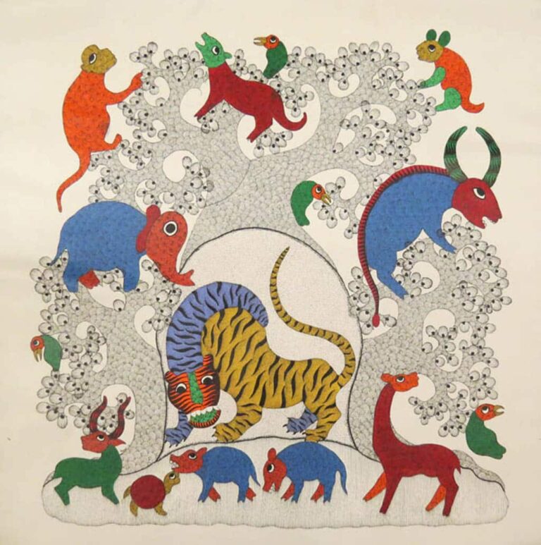 Gond art workshop for adults, featuring detailed tribal painting techniques.