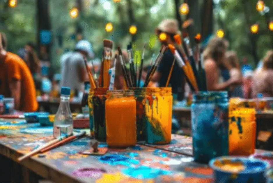 Adults enjoying a guided art party hosted by Rajni Dutta Art & Design, featuring canvas painting, vibrant colors, and a festive creative setup.