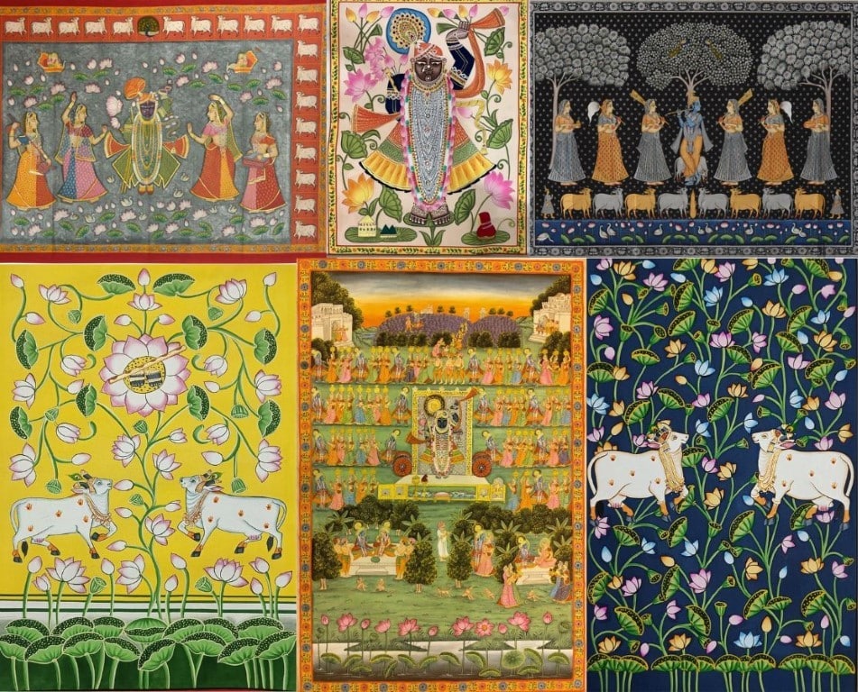 Traditional Pichwai art collage featuring Shrinathji, lotus motifs, sacred cows, and intricate floral borders in vibrant Nathdwara painting style, representing Best Pichwai Art Classes by Rajni Dutta Art & Design.