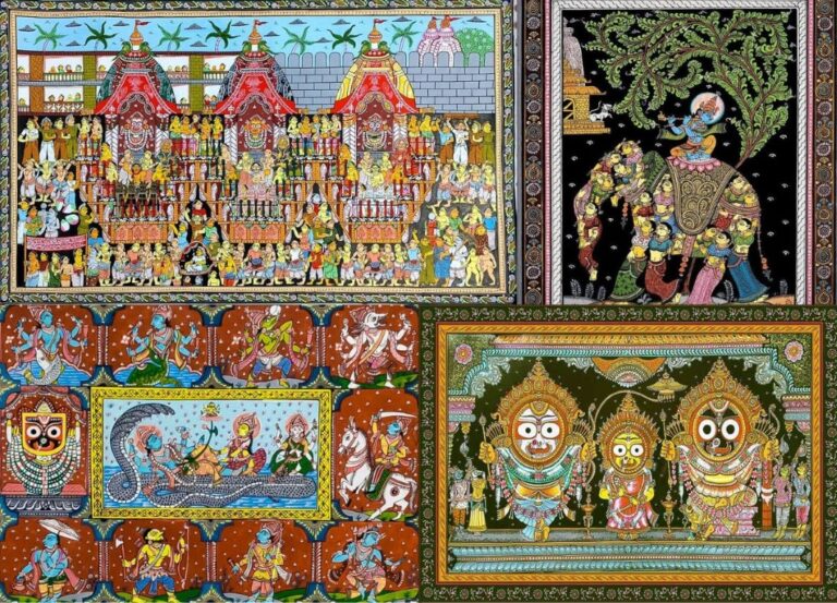 Traditional Pattachitra art collage featuring detailed mythological scenes, intricate borders, and vibrant Odisha folk painting styles, representing Best Pattachitra Art Classes by Rajni Dutta Art & Design.