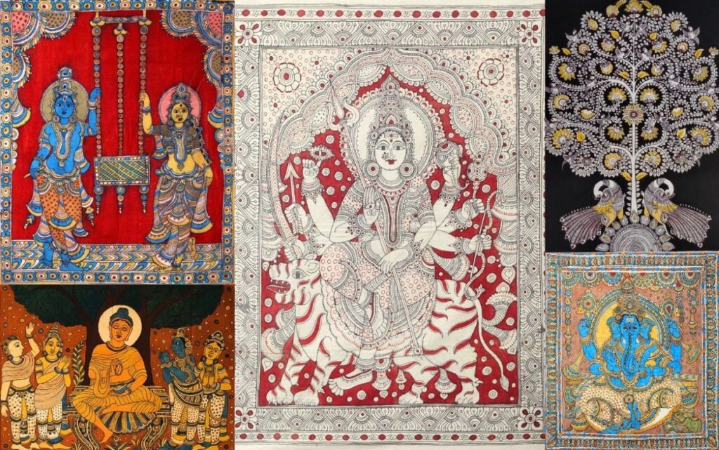 Traditional Kalamkari art collage featuring intricate floral vines, mythological figures, peacocks, and detailed decorative borders in classic Indian storytelling style, representing Best Kalamkari Art Classes by Rajni Dutta Art & Design.