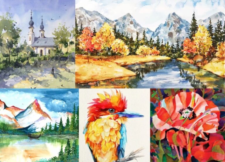 Watercolor art collage featuring soft washes, floral paintings, landscapes, and delicate hand-painted compositions showcasing watercolor techniques taught in Best Watercolor Art Classes by Rajni Dutta Art & Design.