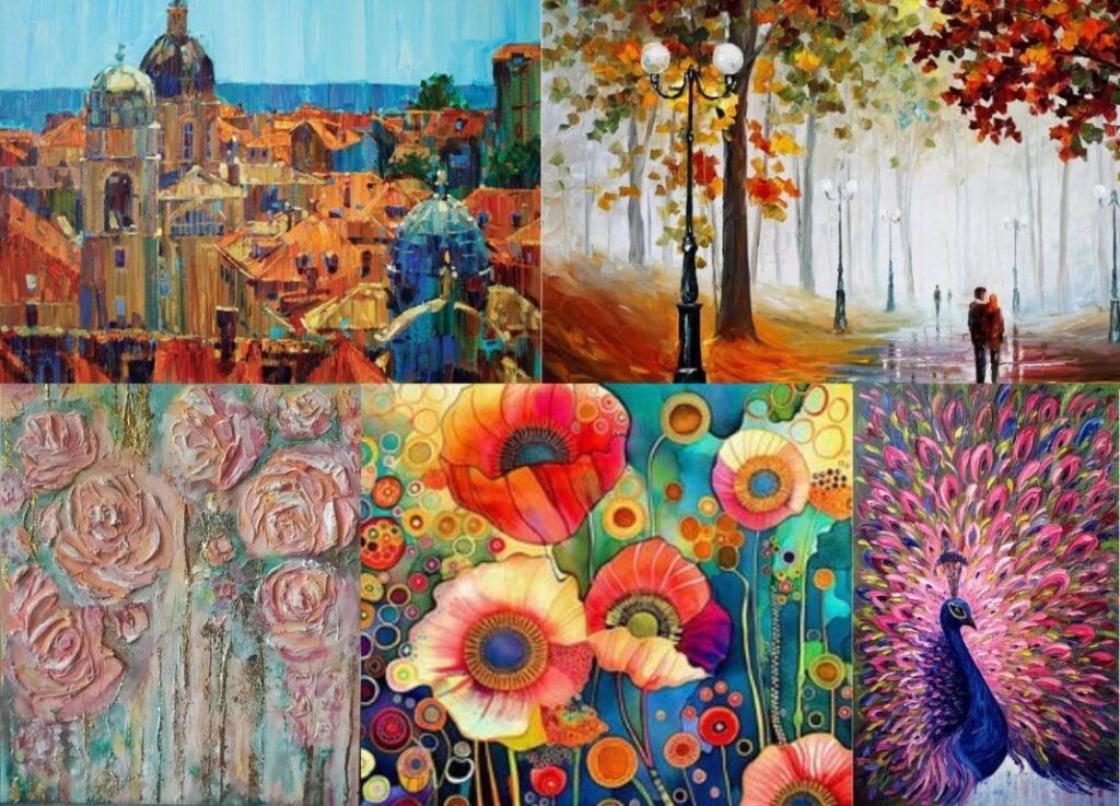 Acrylic painting collage showcasing bold modern artworks, textured canvas styles, vibrant color blending, landscapes, abstracts, and decorative acrylic compositions taught in Best Acrylic Art Classes by Rajni Dutta Art & Design.